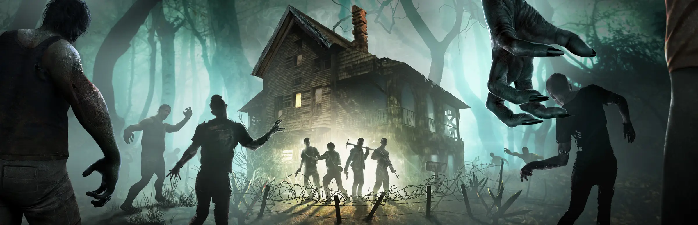 7 Days to Die Server mieten: Vier Überlebende mit Waffen und Spitzhacke vor einer beleuchteten Hütte, während Zombies durch den dunklen Wald näher kommen