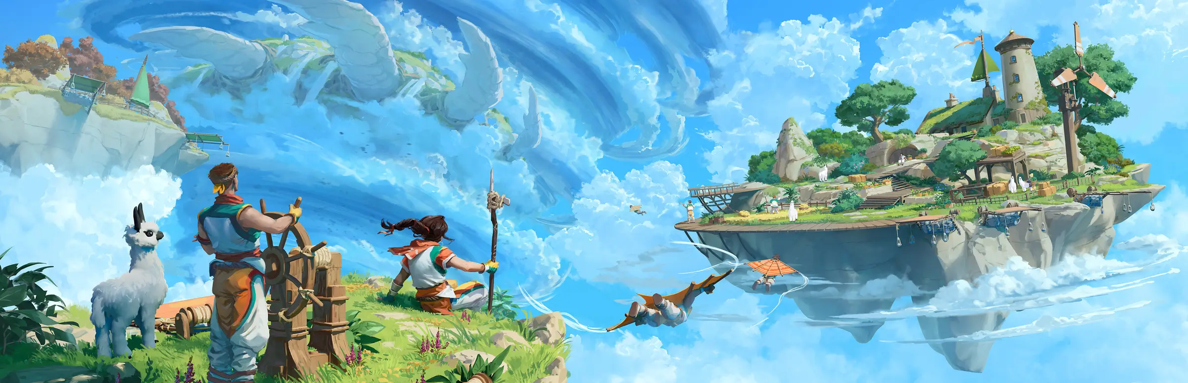 Hosting server Aloft: due giocatori e un lama guidano una nave volante verso un’isola sospesa nel cielo con un mulino a vento