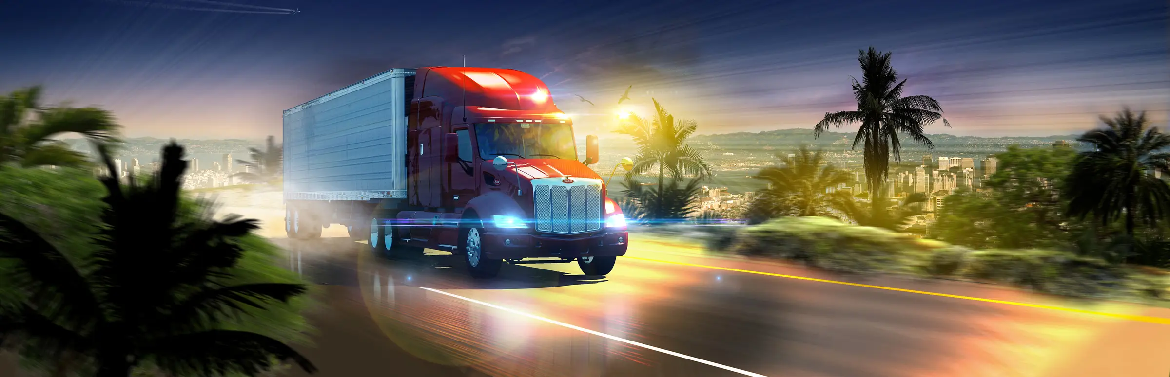 American Truck Simulator server hosting: a red semi truck with a white trailer drives a palm-lined road towards the sunset