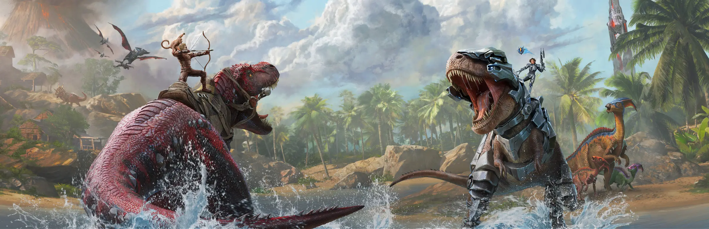 Serwer ARK: Survival Ascended: ocaleni pędzą na dwóch ryczących T. rexach przez rzekę w dżungli
