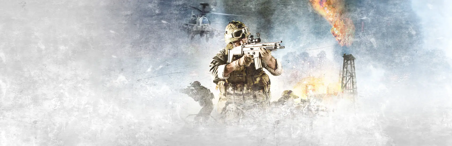 Hosting server Arma 2 Operation Arrowhead: un soldato punta il fucile tra polvere e fumo accanto a una torre petrolifera in fiamme, mentre passa un elicottero d’attacco