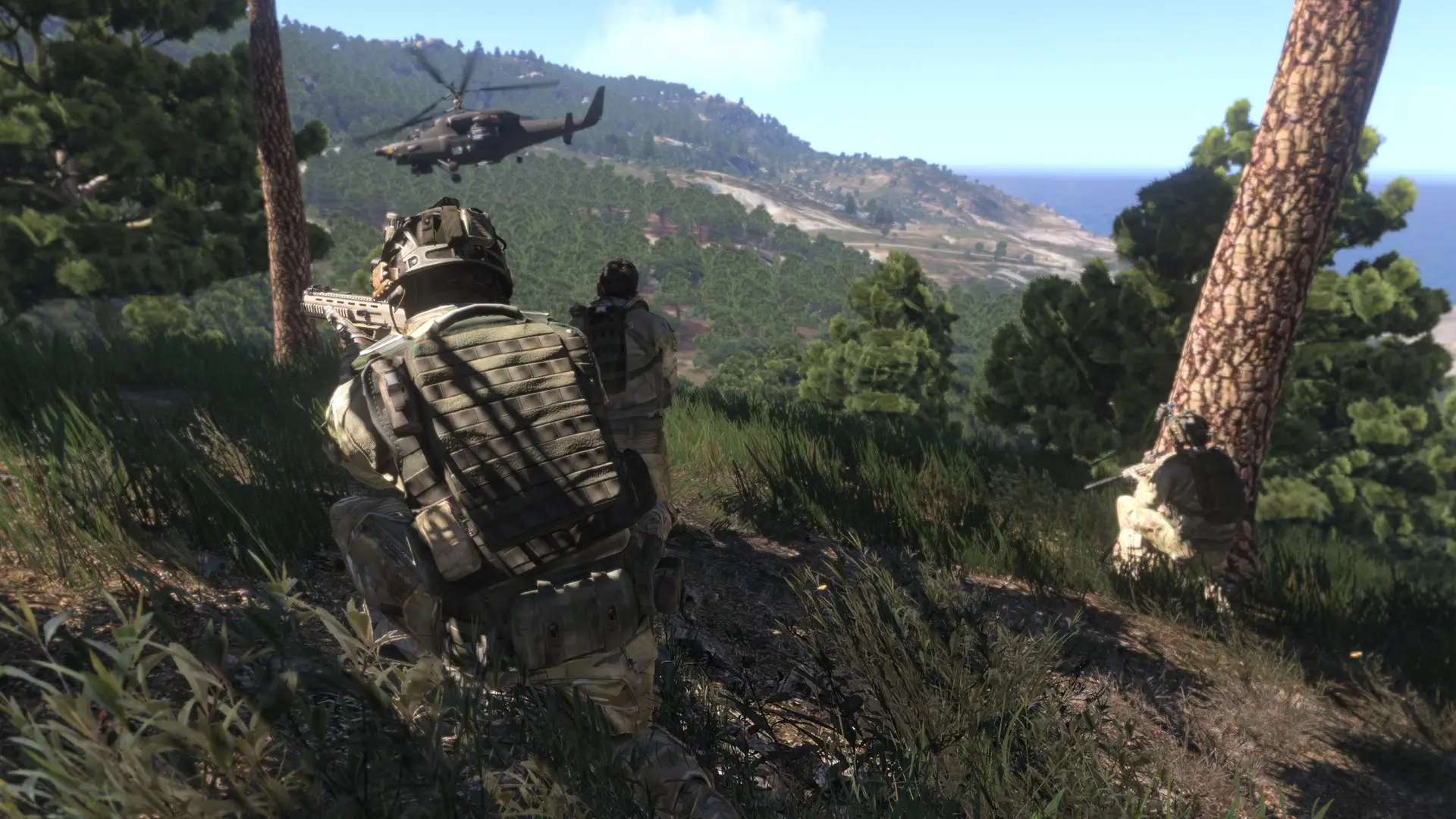 Arma 3 Desolation Redux server hosting: a soldier crouches by a pine tree on a forested hillside as a helicopter flies towards the coast