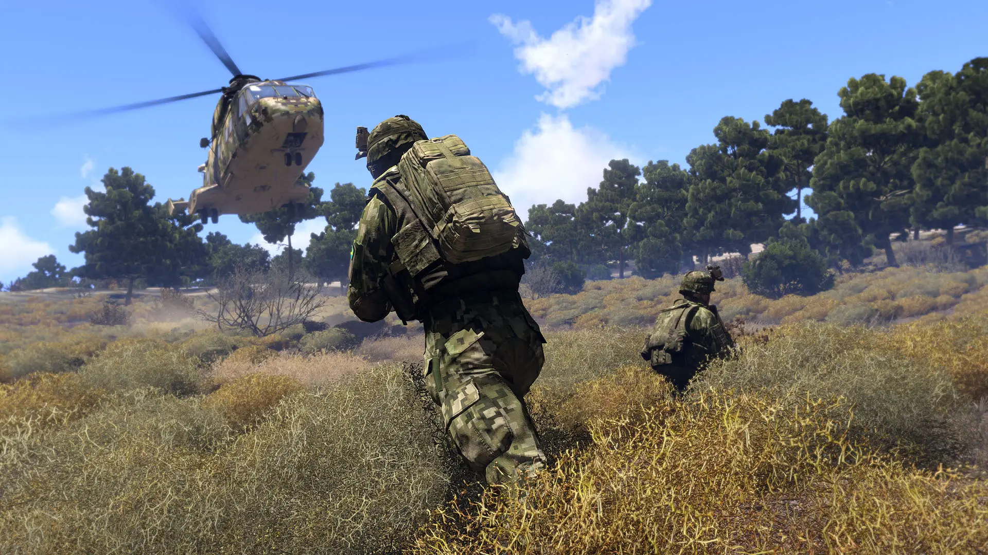 Arma 3 Headless Client server hosting: soldiers in camouflage run through tall dry grass towards a landing transport helicopter under a blue sky