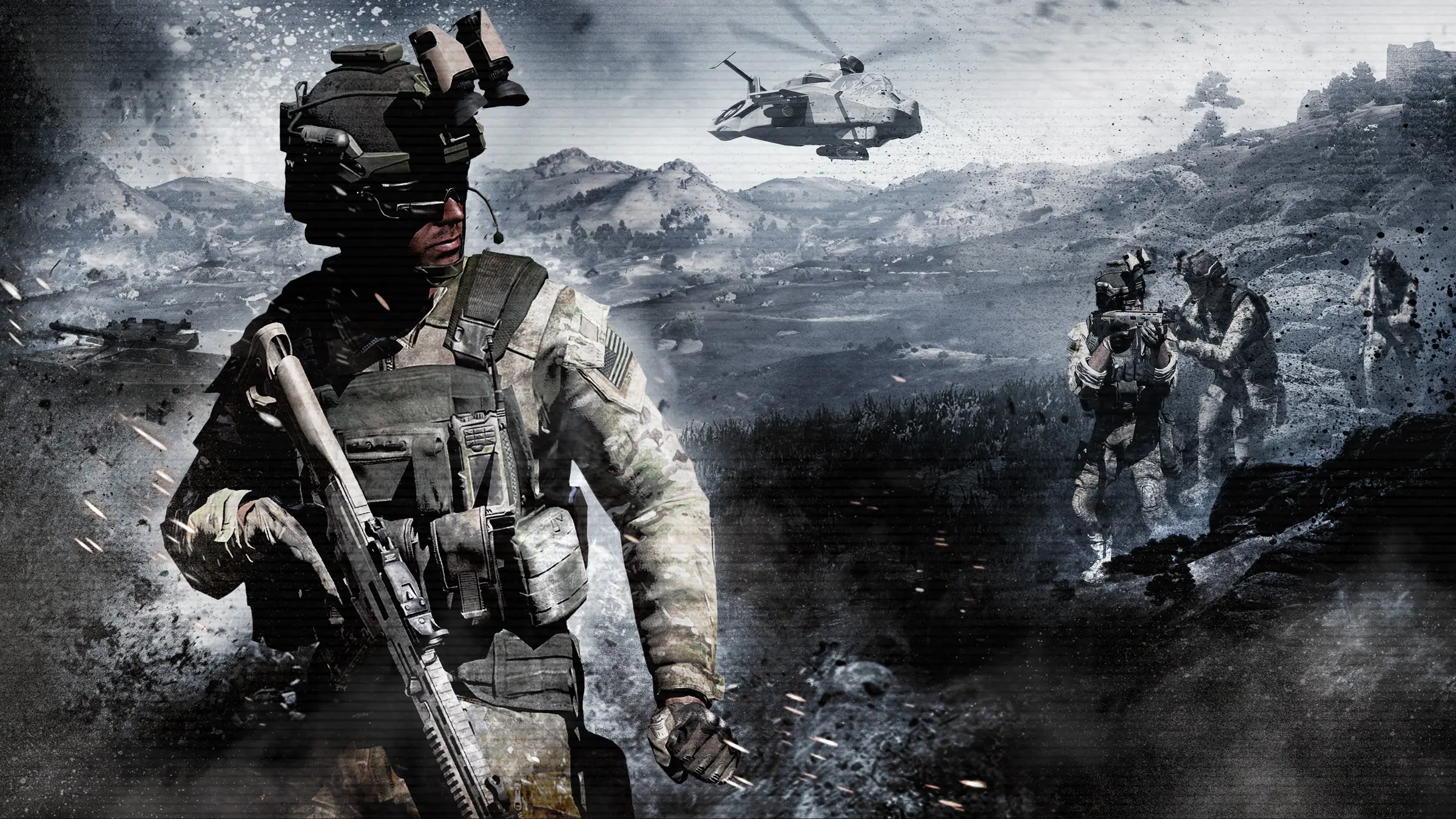 Arma 3 Server Kiralama: elinde tüfekle dumanın içinden ilerleyen bir asker, yamacın üzerinden helikopterler geçiyor