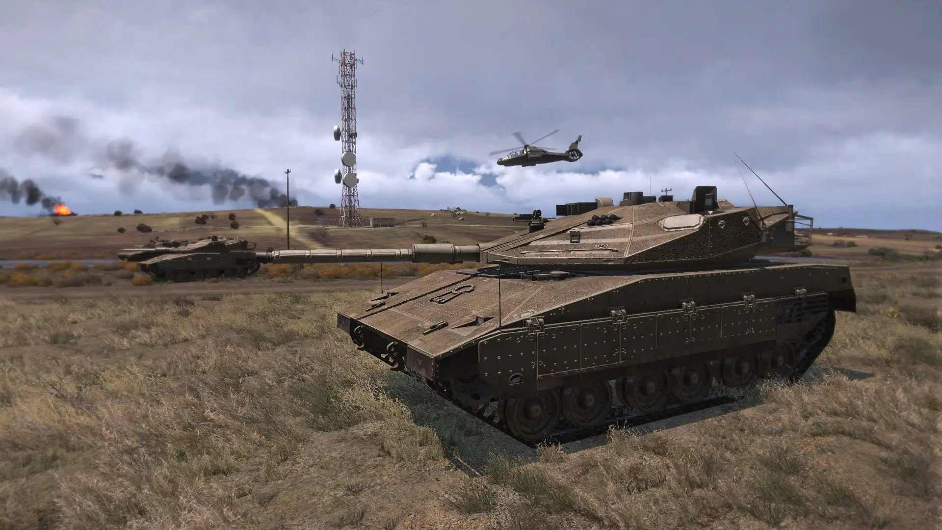 Arma 3 Wasteland server hosting: a desert tank rolls across a dry plain as a helicopter flies past burning wrecks