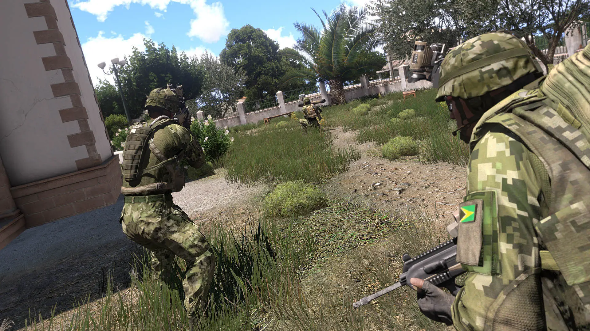 Arma 3 Breaking Point server hosting: camouflaged soldiers with rifles move through an overgrown, sunlit village garden past a white wall