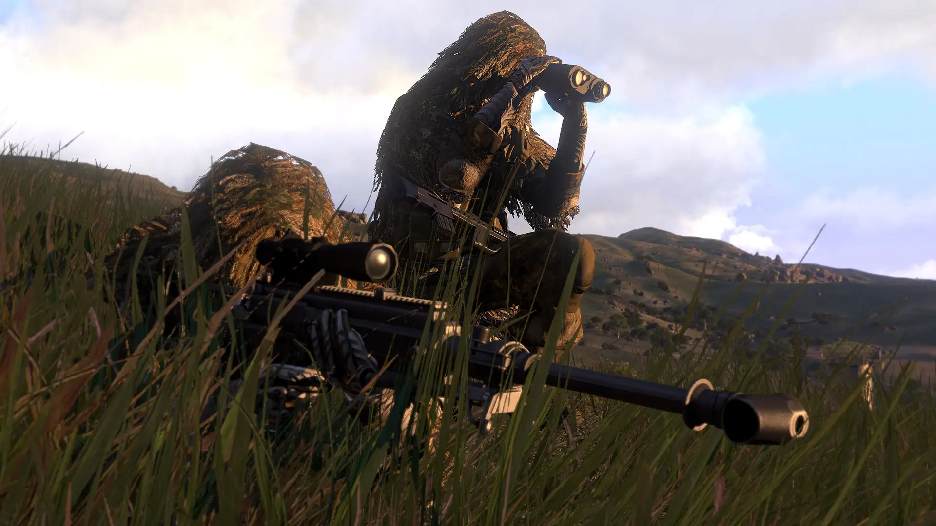 Arma 3 Epoch server hosting: an Arma 3 sniper in a ghillie suit scans the hills through binoculars from the long grass