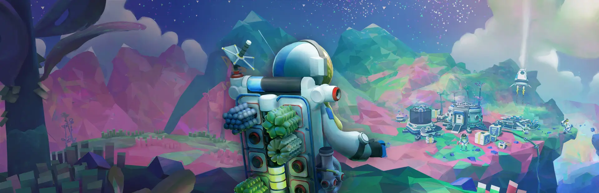 Astroneer Server Kiralama: kaynakla dolu sırt çantalı bir astronot renkli, low-poly bir gezegene, modüllerden kurulmuş bir üsse ve havalanan bir rokete bakıyor