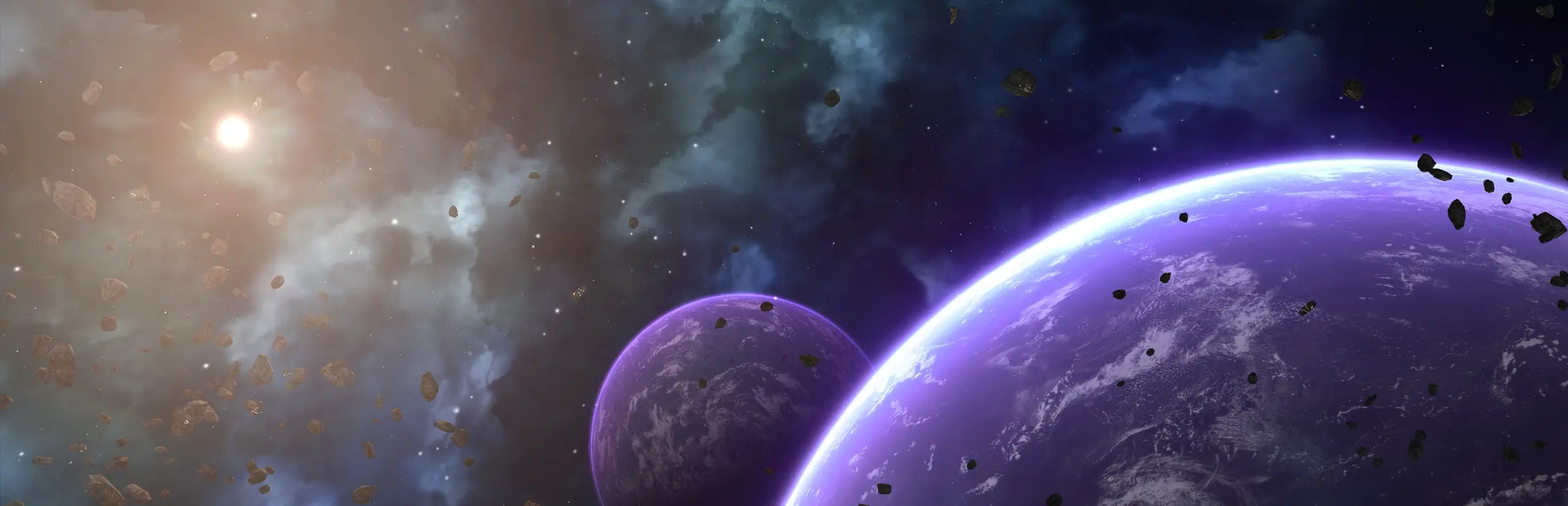 Hosting server Avorion: due pianeti viola e asteroidi alla deriva sotto una stella luminosa, in una nebulosa colorata