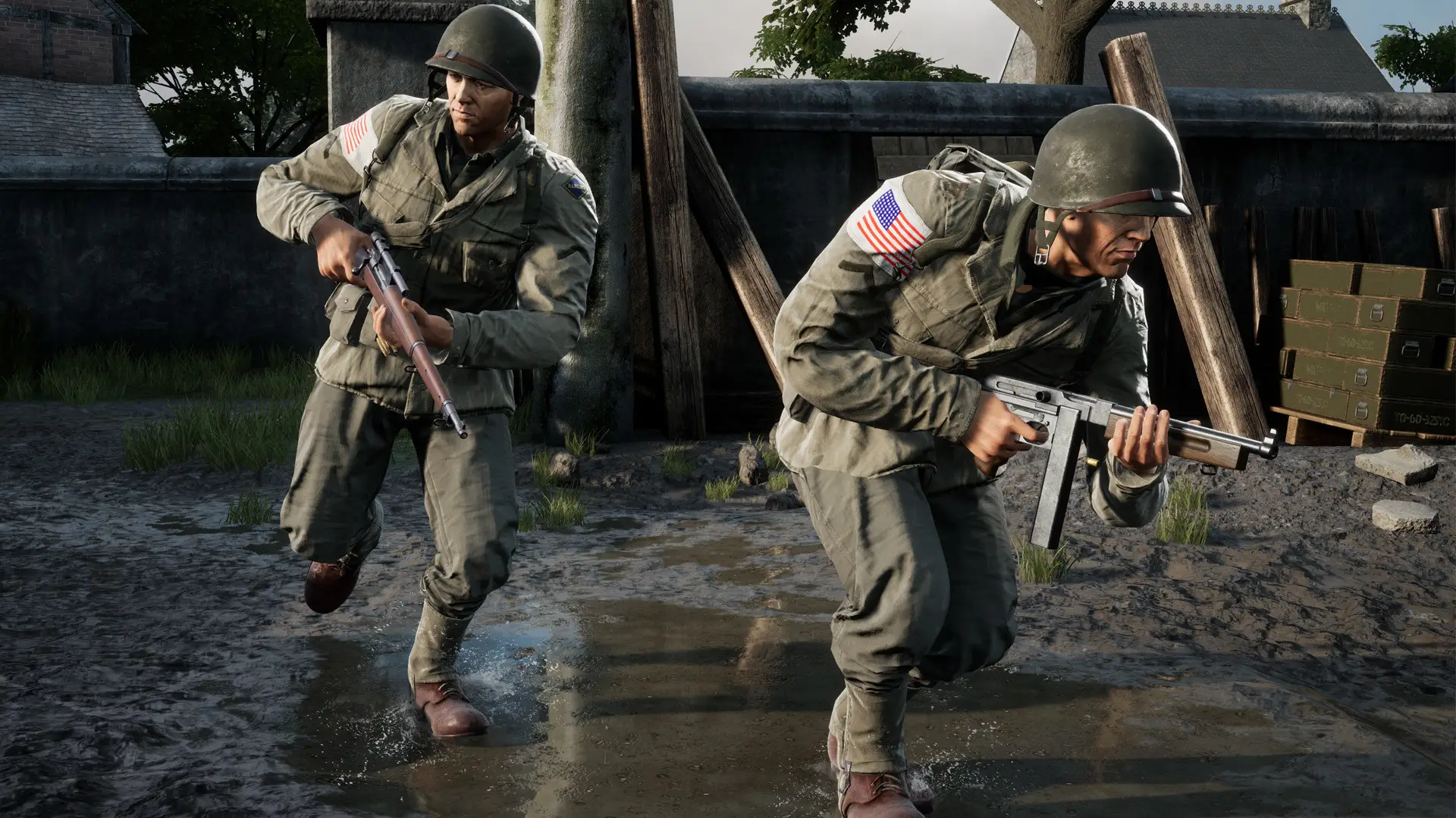 Hosting server Battalion 1944: due paracadutisti americani con un Thompson e un fucile corrono nel cortile fangoso di un villaggio