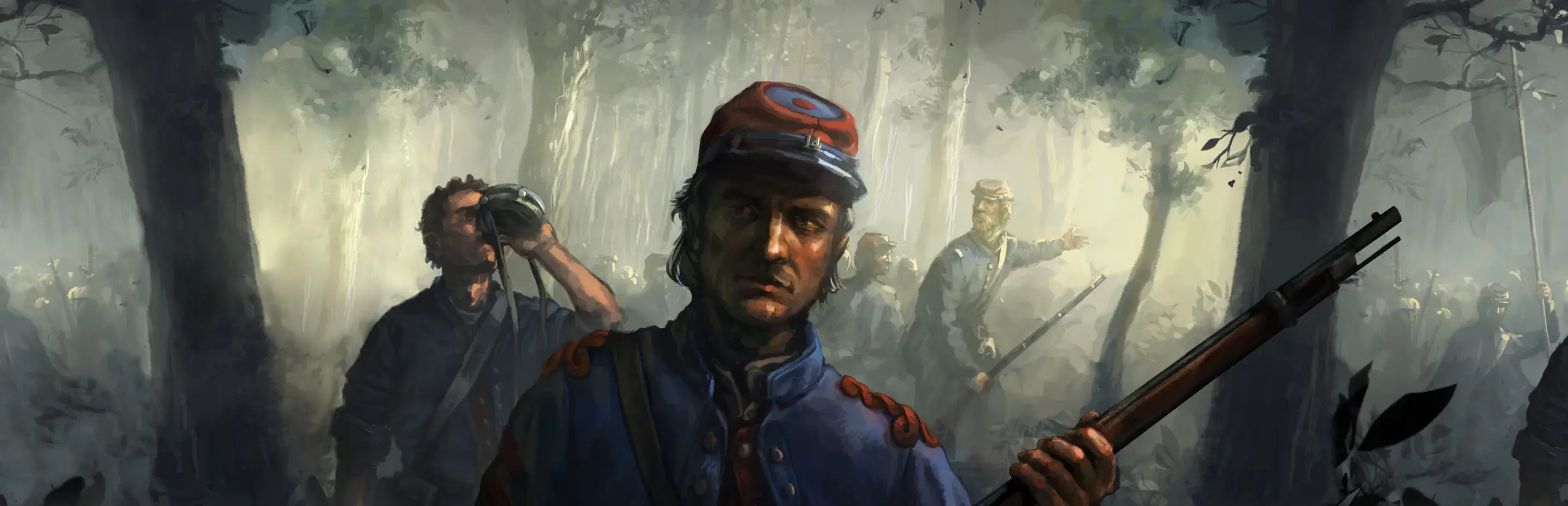 Battle Cry of Freedom server hosting: a Union soldier with a rifle and an officer with field glasses stand in a misty American Civil War forest