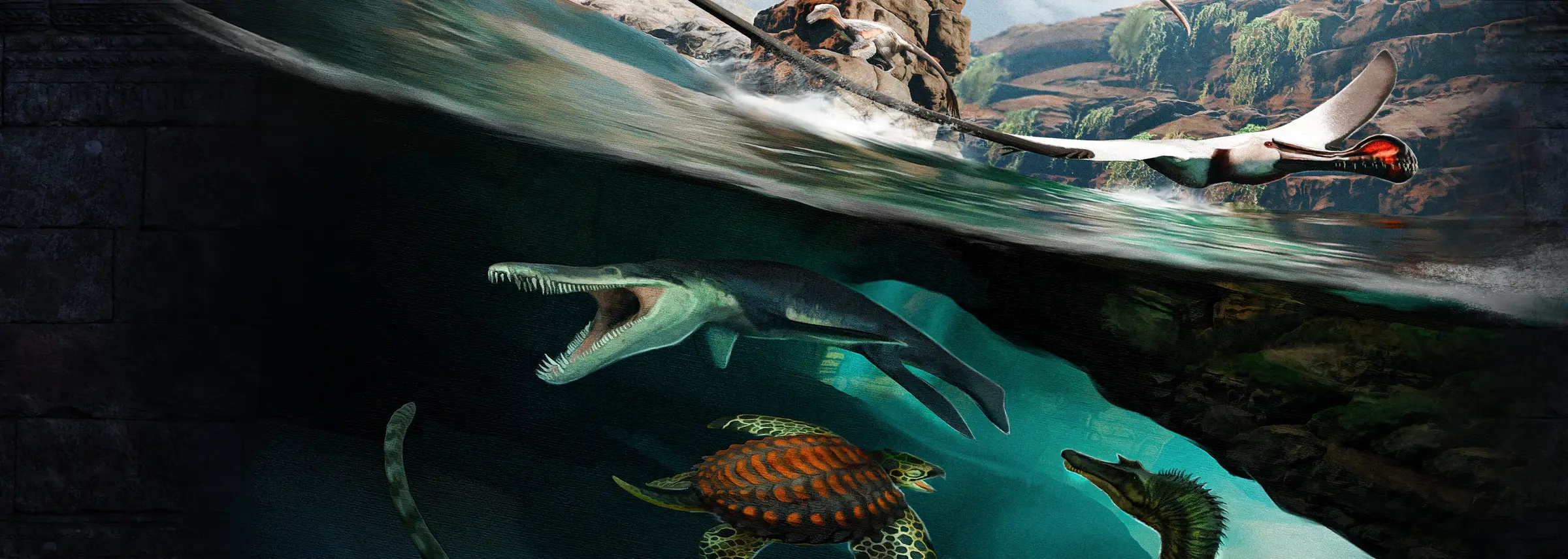 Hosting servidor Beasts of Bermuda: un reptil marino con las fauces abiertas y una tortuga marina nadan bajo la superficie mientras un pterosaurio roza el agua