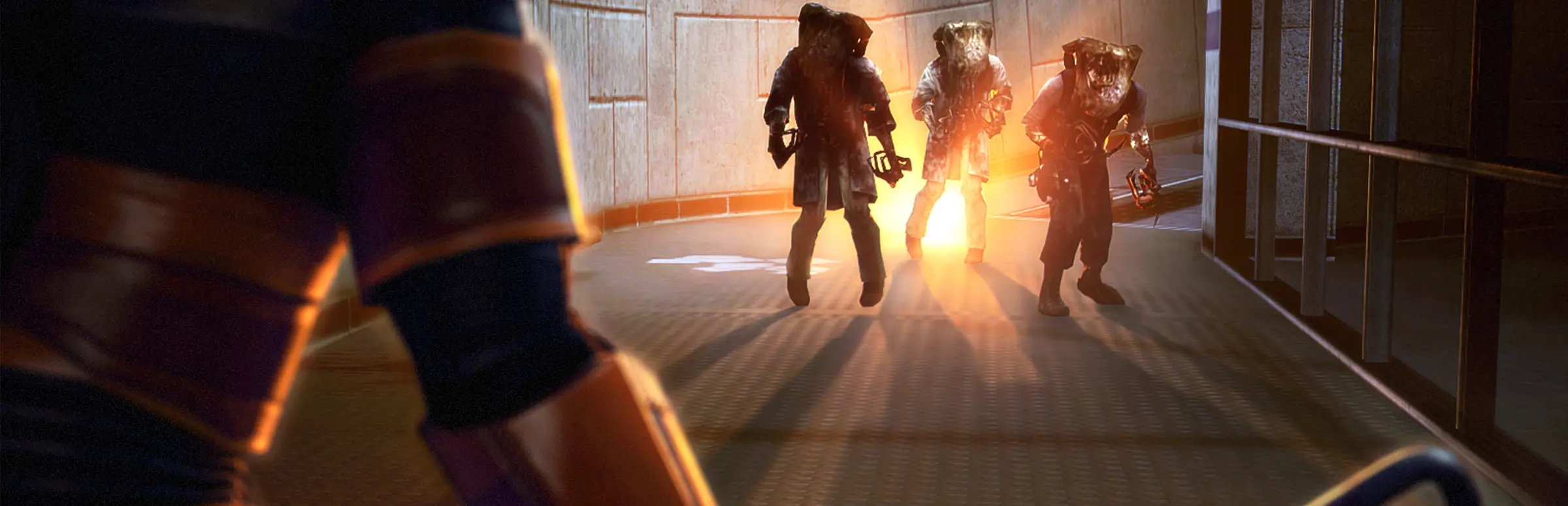 Black Mesa server hosting: three armed soldiers stride down a sunlit corridor as Gordon Freeman's orange arm swings into view