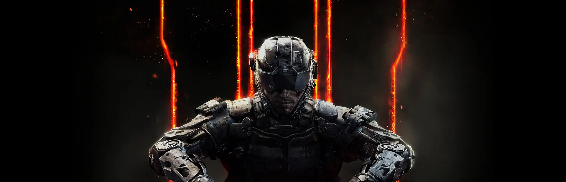 Servidor Black Ops 3: um soldado do futuro de armadura e capacete agachado no escuro entre barras de luz laranja
