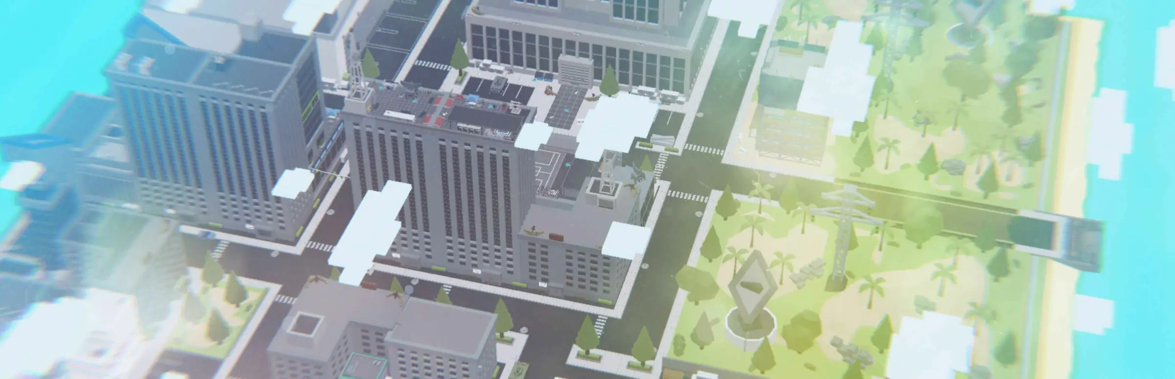 Broke Protocol server hosting: a bird's-eye view of a blocky city of high-rise blocks, roads and parks by the sea