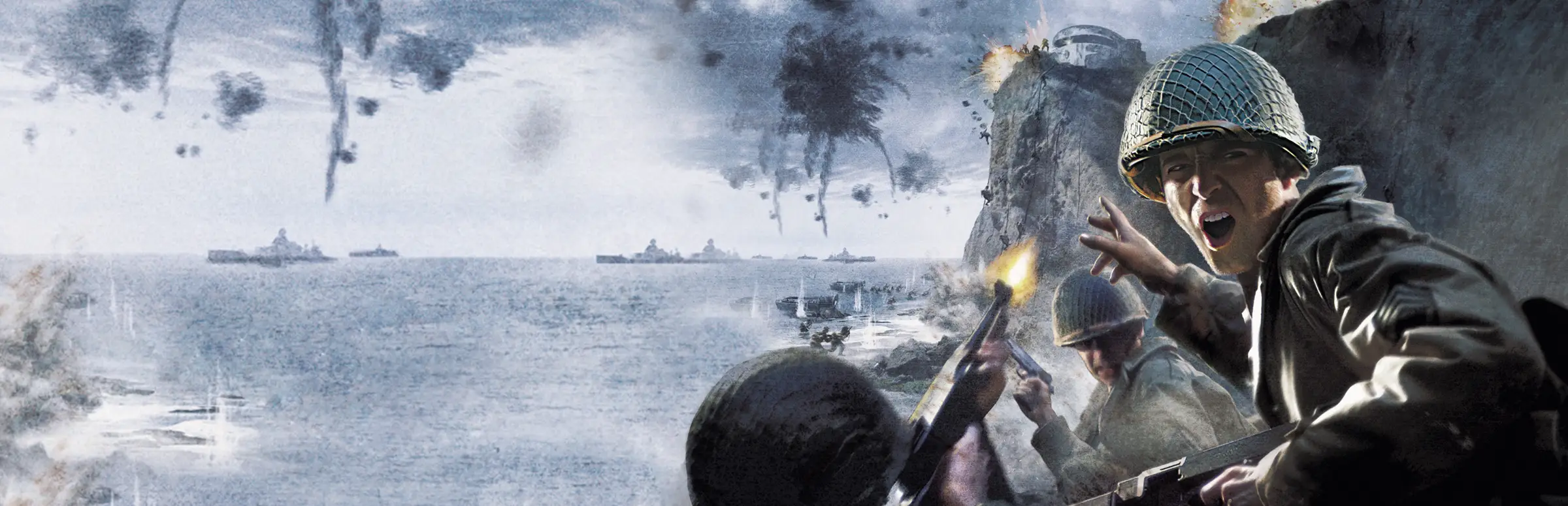 Hosting server Call of Duty 2: soldati della Seconda guerra mondiale assaltano una spiaggia sotto il fuoco, con navi da guerra al largo