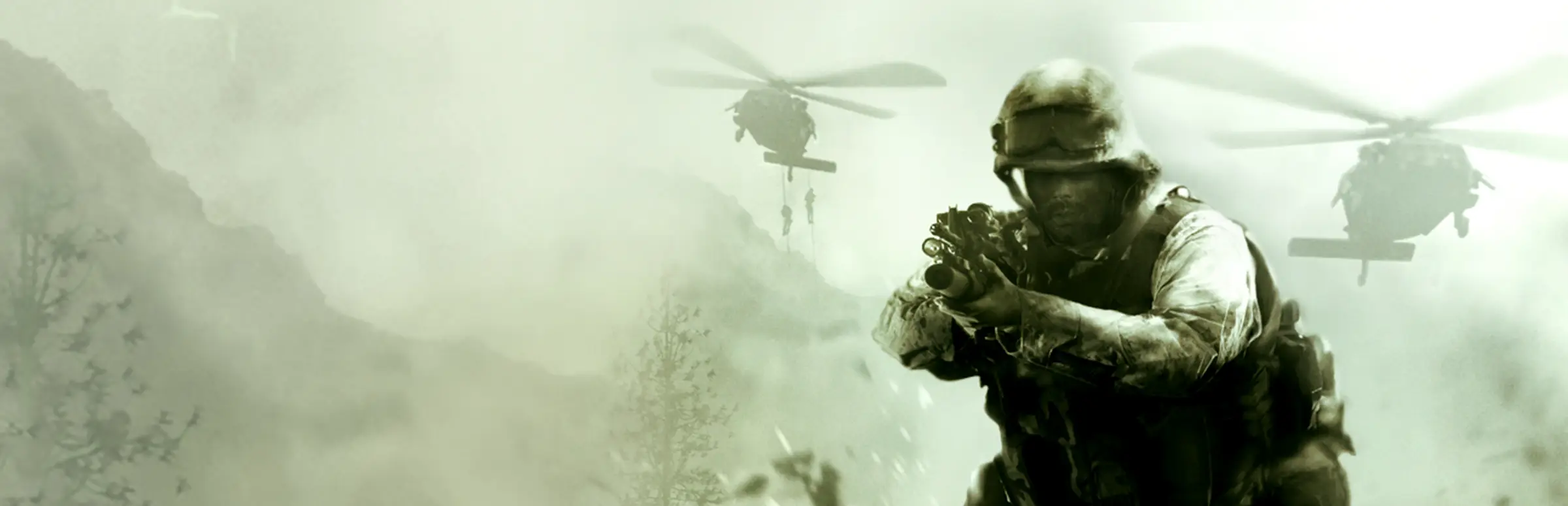 Call of Duty 4 Server Hosting Sverige: en soldat siktar med sitt gevär genom diset medan Black Hawk-helikoptrar flyger in bakom honom