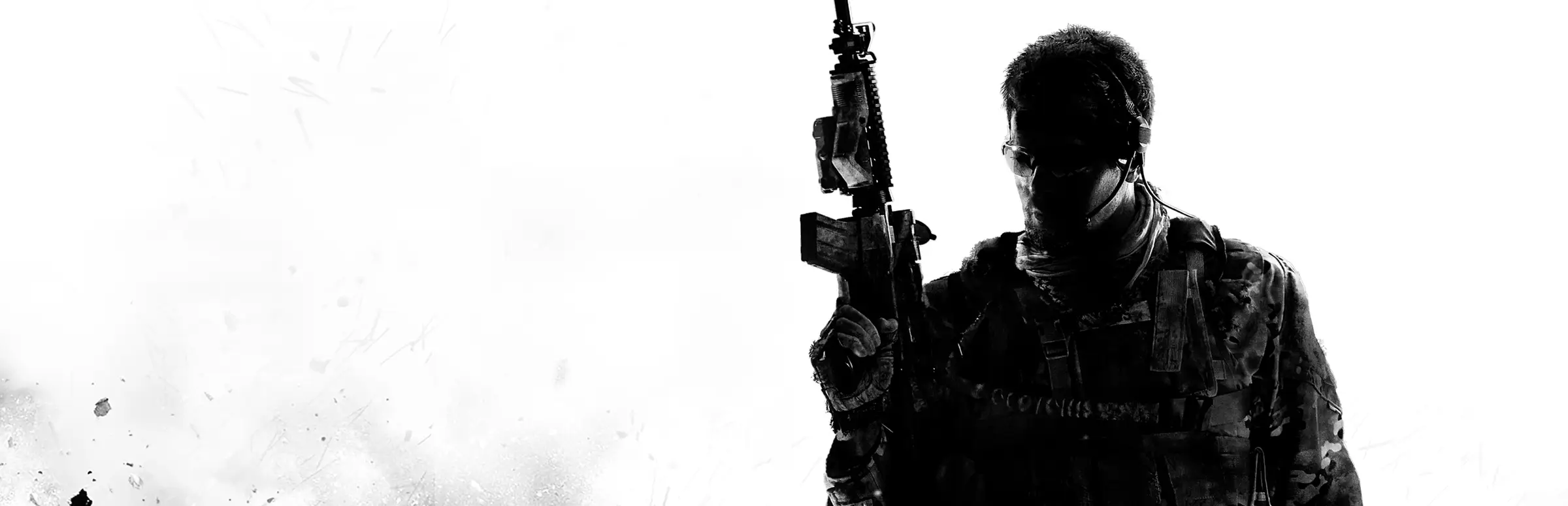 Serwer Modern Warfare 3: żołnierz w okularach przeciwsłonecznych i słuchawkach trzyma pionowo karabin, a jego sylwetka odcina się od białego dymu