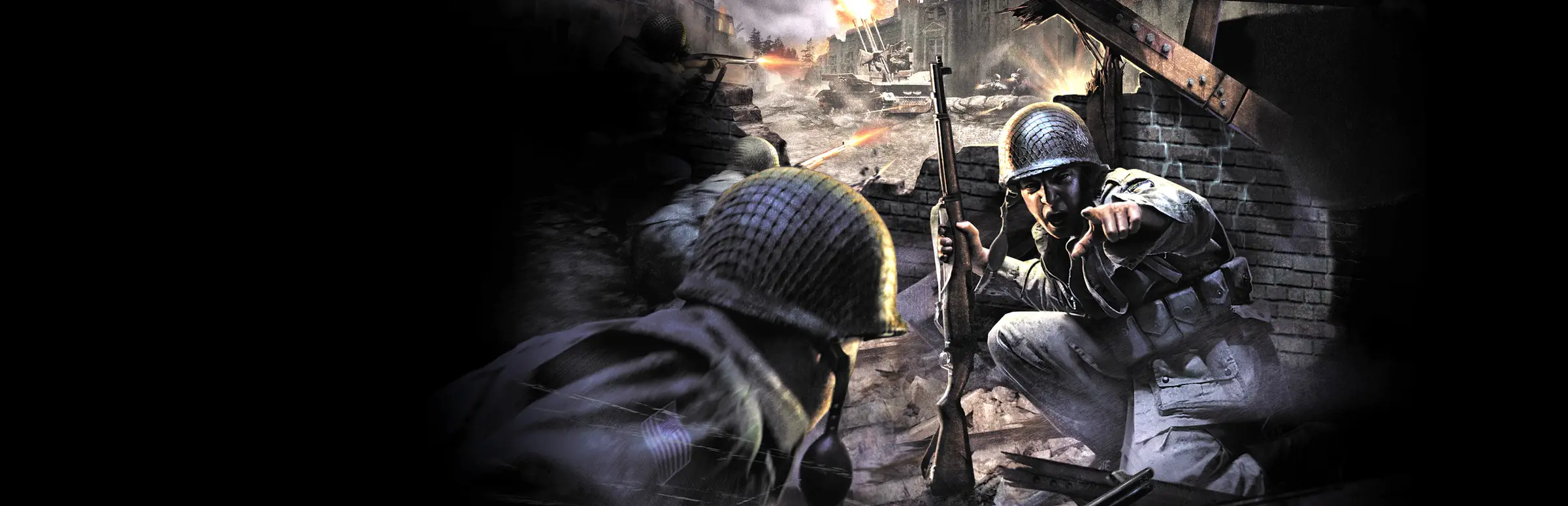 Call of Duty: United Offensive server hosting: a shouting American GI with a rifle points his squad forward through a burning, ruined town