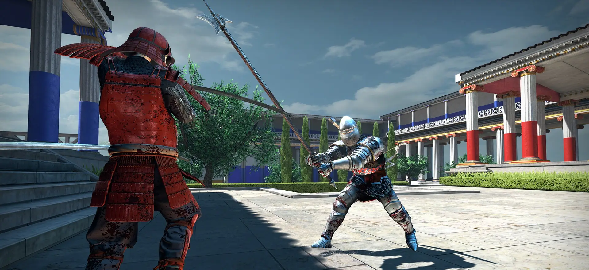Chivalry: Deadliest Warrior server hosting: a samurai with a spear squares up to an armoured knight in a sunny courtyard of red and white columns