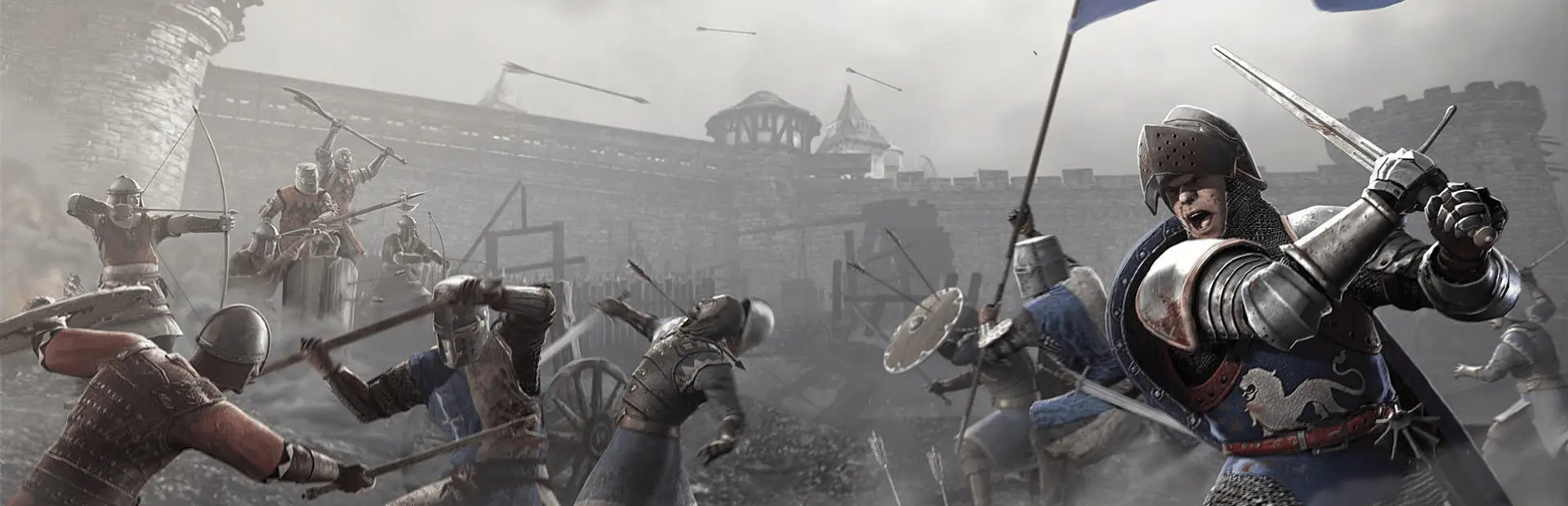 Chivalry: Medieval Warfare server hosting: a shouting knight raises his sword in a chaotic melee of soldiers storming a castle courtyard