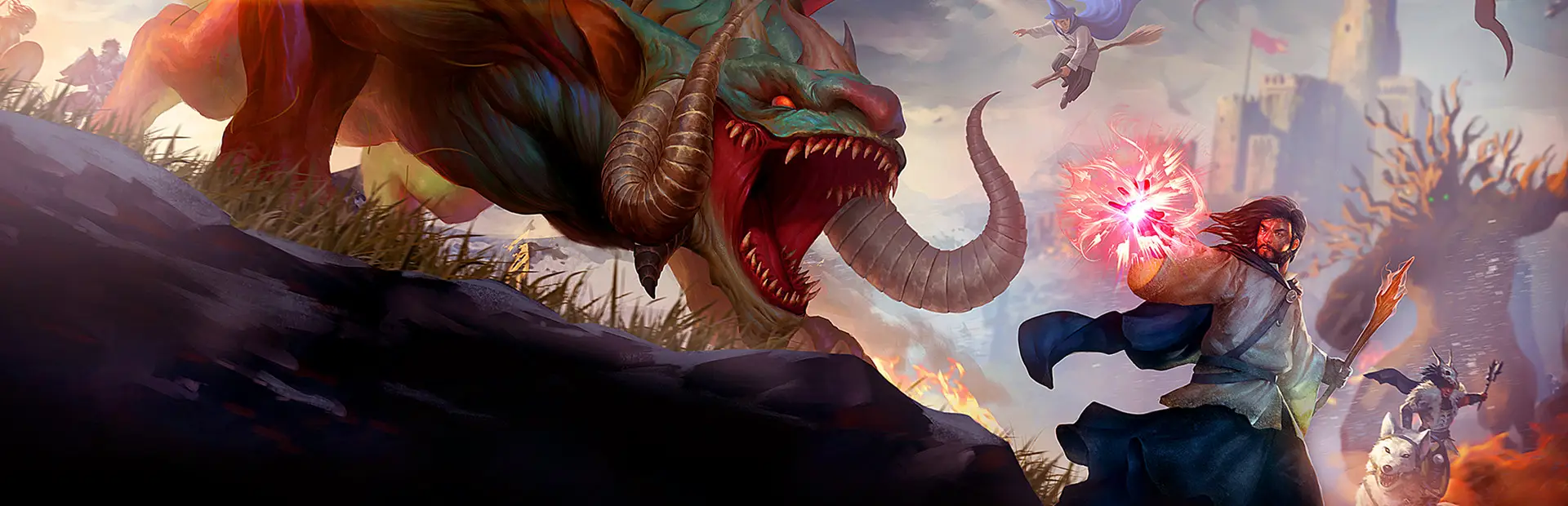 Servidor Citadel: Forged with Fire: um mago lança um feitiço vermelho contra uma enorme besta com chifres, enquanto cavaleiros em vassouras passam a voar junto a um castelo