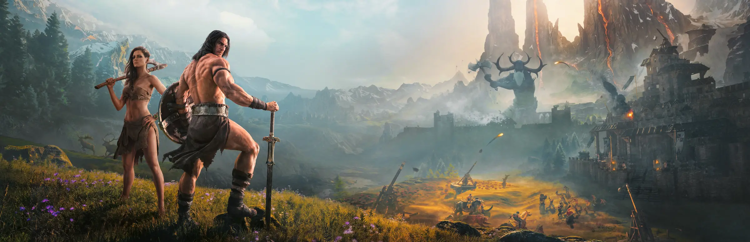 Hosting server Conan Exiles: due guerrieri con spada e clava guardano dall’alto una valle con una statua gigantesca e dei fuochi accesi