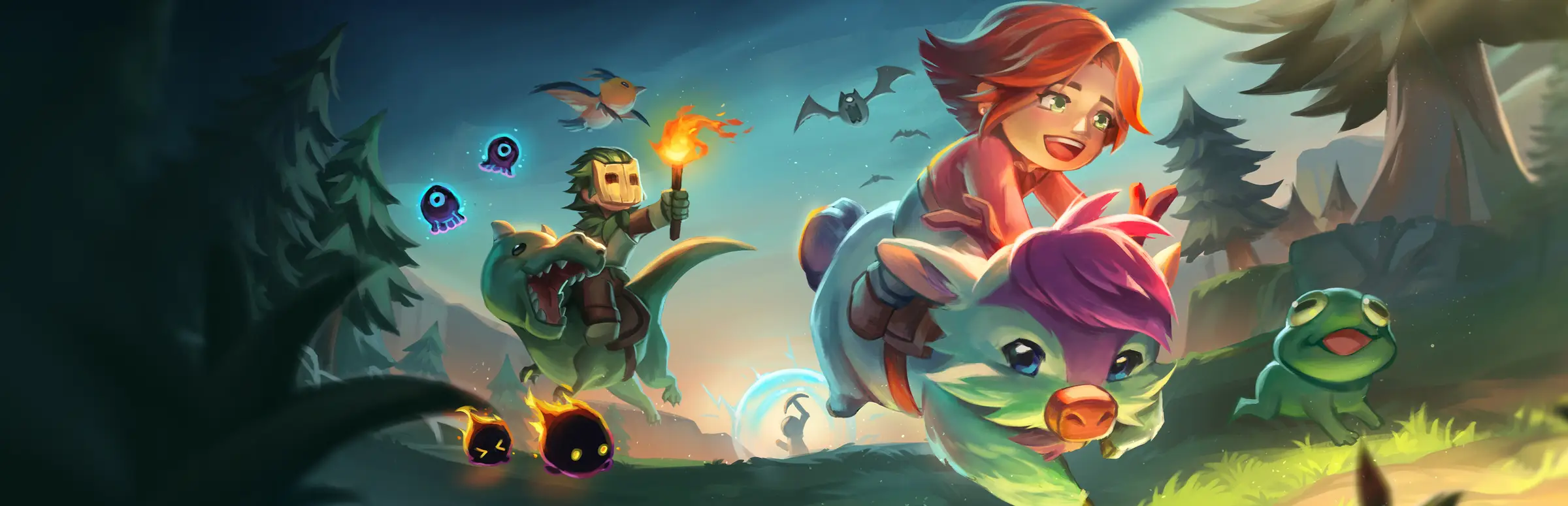 Core Keeper server hosting: a red-haired girl rides a big pig-like mount beside a masked explorer with a torch on a dinosaur, as glowing slimes and a frog tag along