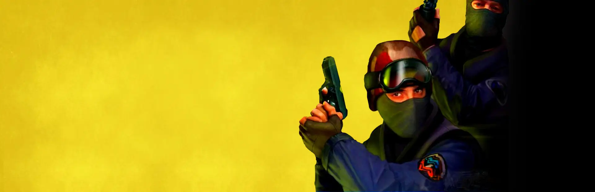 Hosting server Counter-Strike 1.6: un antiterrorista con occhiali protettivi e un terrorista col passamontagna alzano le pistole su uno sfondo giallo