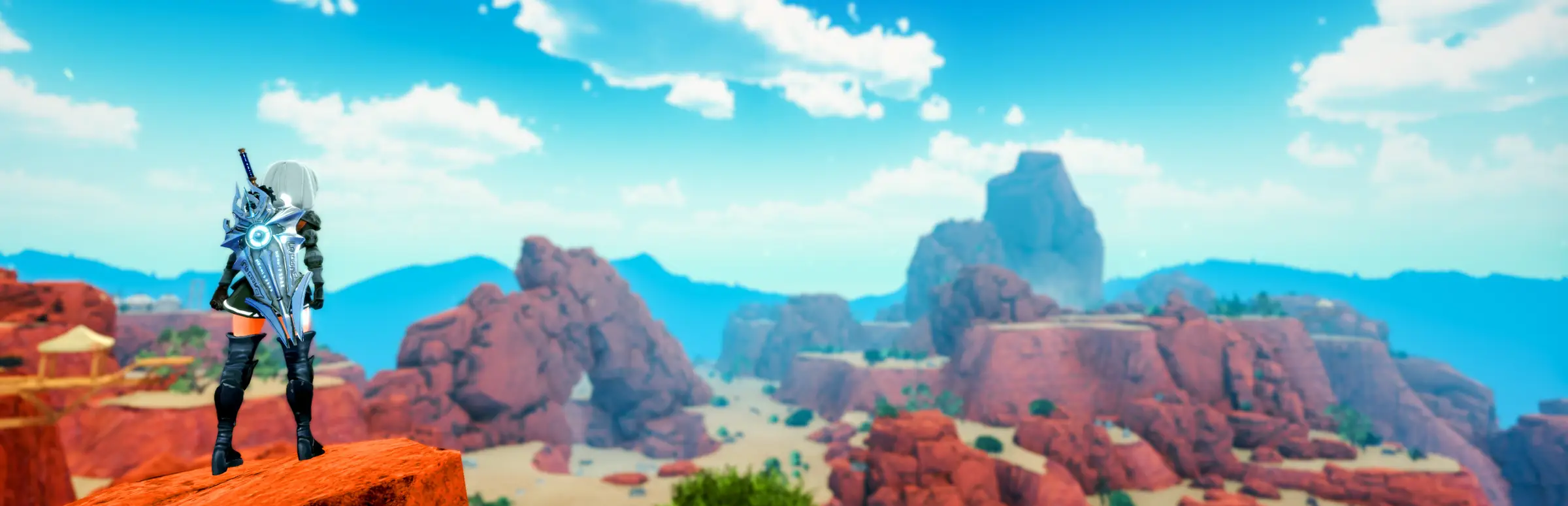 Craftopia server hosting: an armoured adventurer stands on a cliff looking out over red rock mesas and a turquoise sea