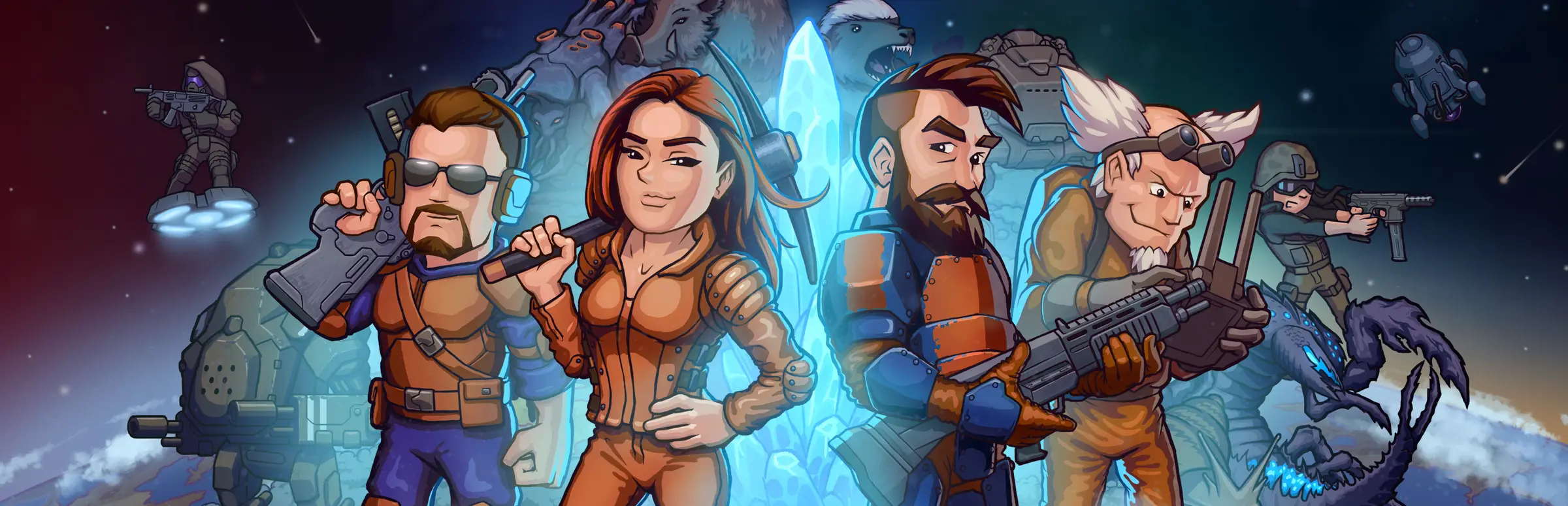 CryoFall server hosting: four cartoon colonists with guns and tools stand together in front of a blue teleporter, with soldiers and alien creatures behind them