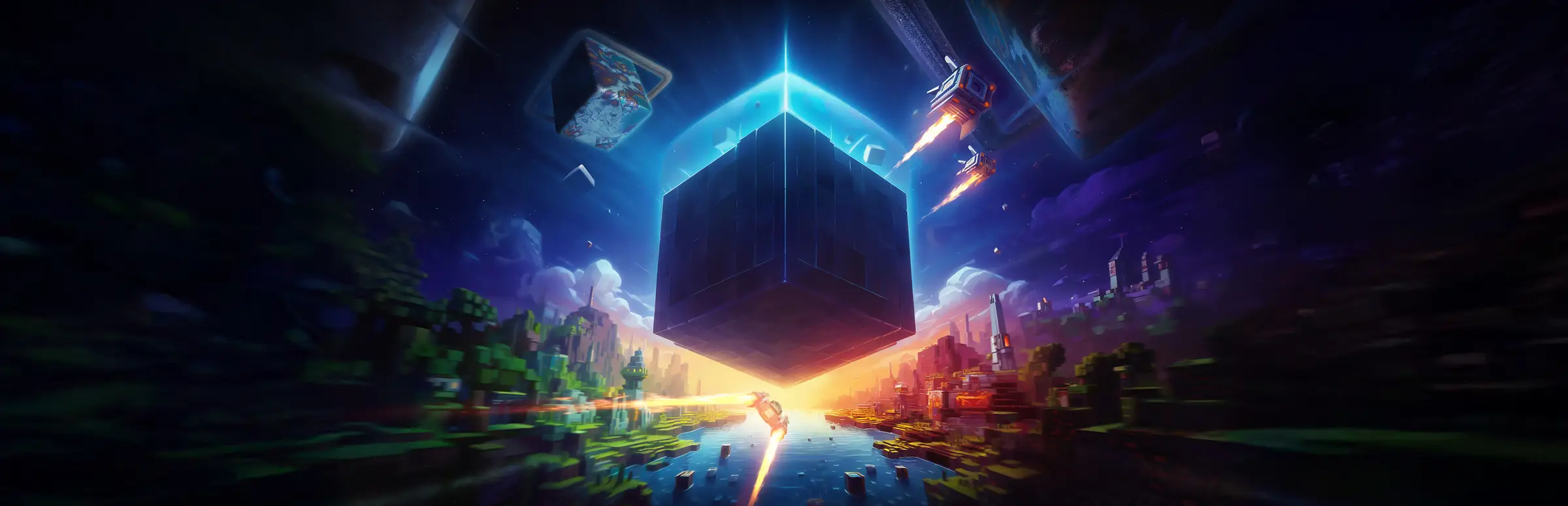 Cubic Odyssey server hosting: a glowing blue cube portal hangs over a voxel world as spaceships streak past