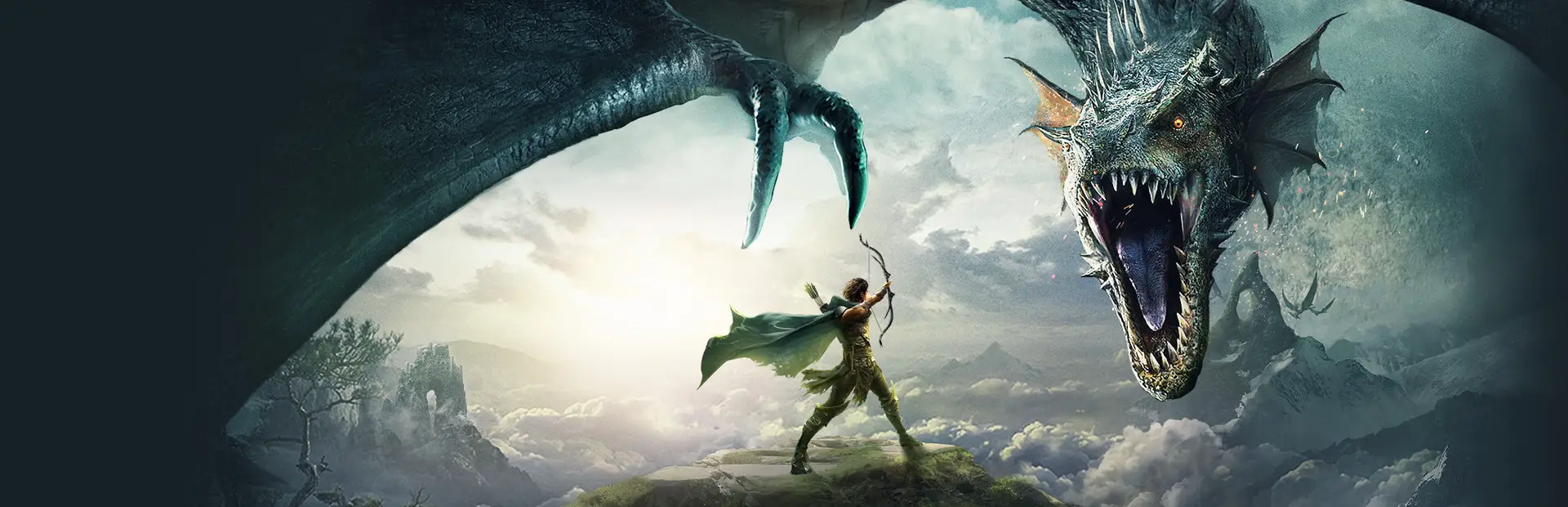 Dark and Light server hosting: a cloaked archer draws her bow at a huge roaring dragon above the clouds