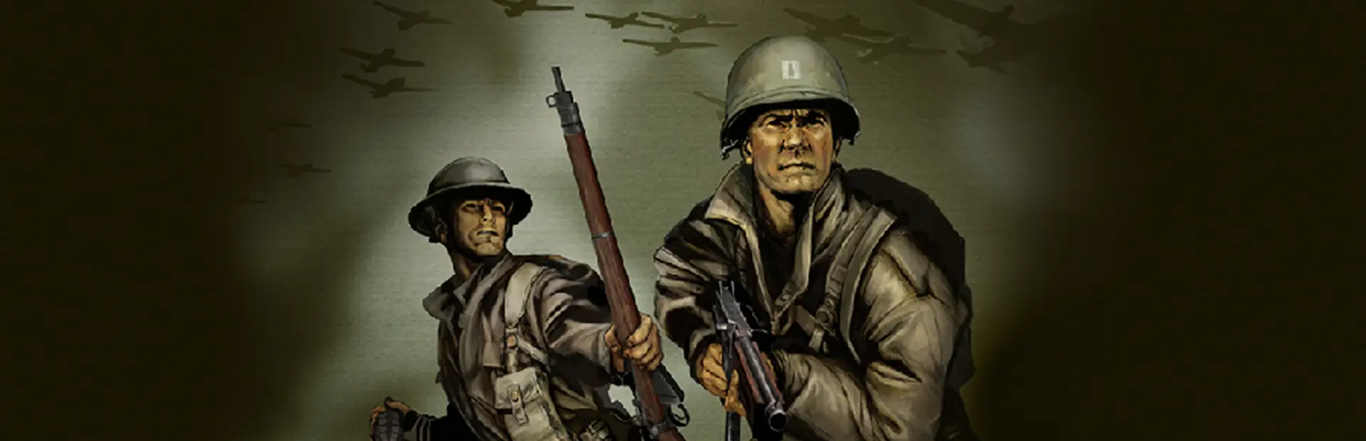 Day of Defeat server hosting: two illustrated WWII soldiers, a British Tommy and an American GI with a rifle and submachine gun, under a sepia sky full of planes