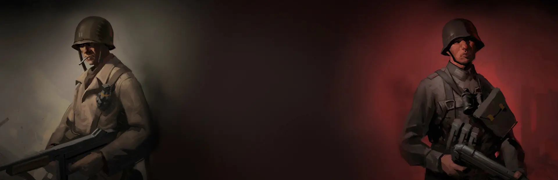 Day of Defeat: Source Server mieten: ein rauchender amerikanischer GI mit Maschinenpistole und ein deutscher Soldat stehen an den beiden Enden eines dunklen, verrauchten Hintergrunds