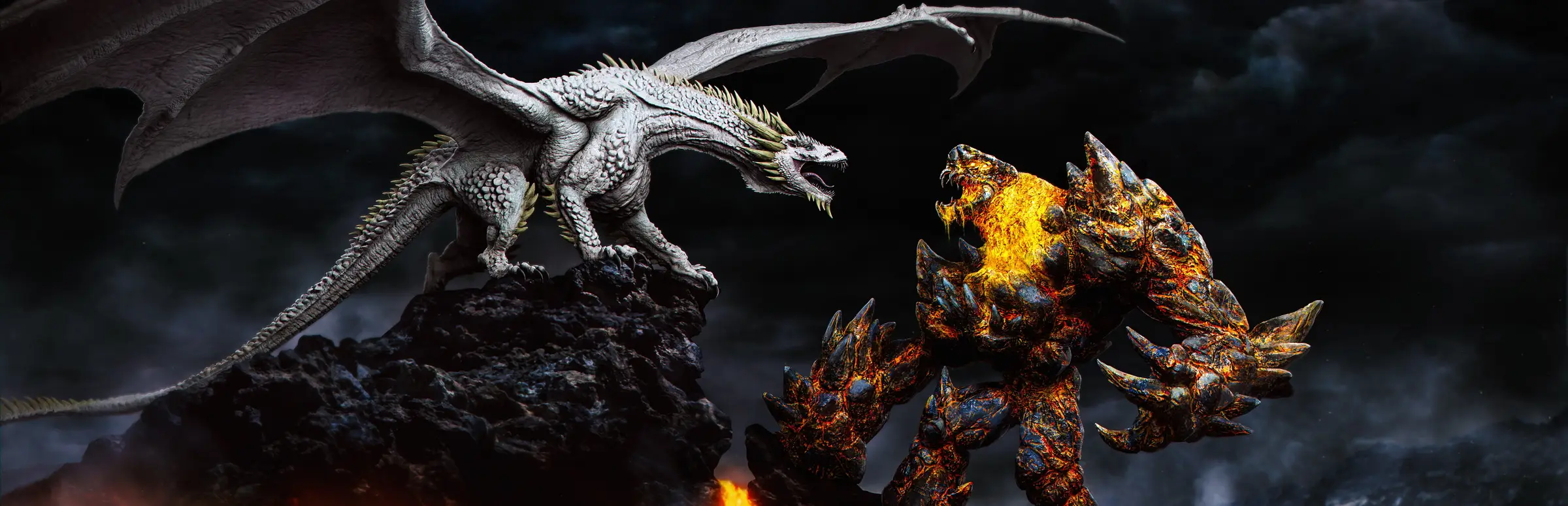Day of Dragons server hosting: a white dragon on a volcanic crag roars at a hulking, spiked creature of glowing lava under a stormy sky