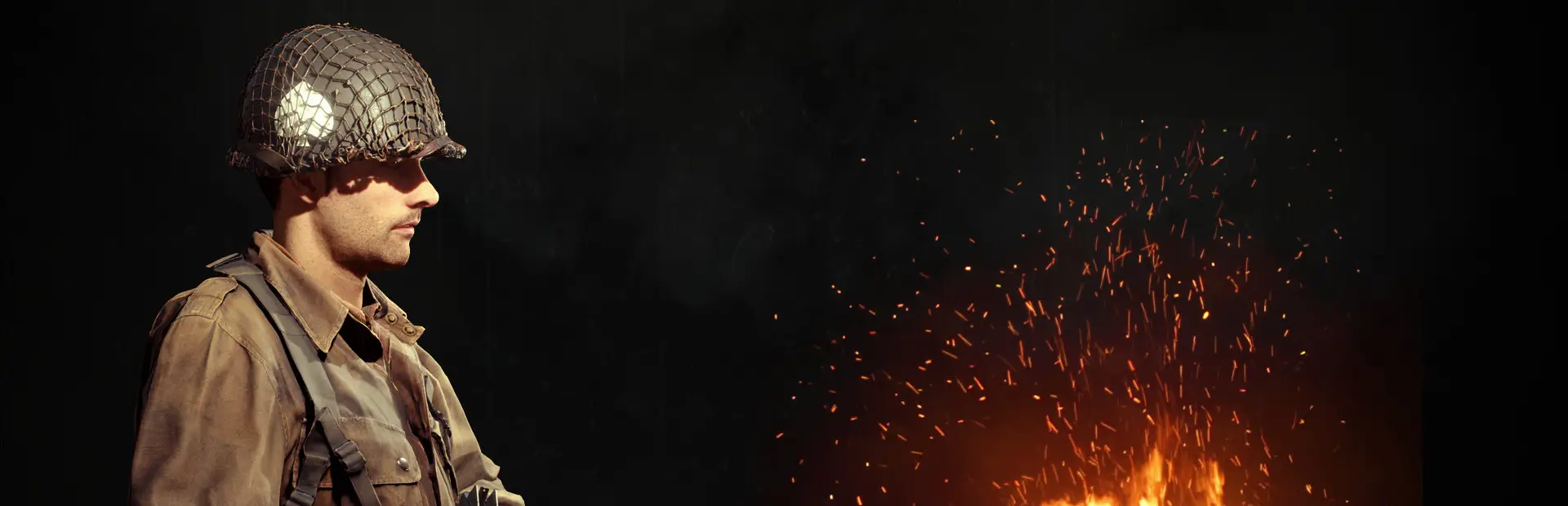 Days of War server hosting: a WWII American soldier in a battered helmet stands in the dark beside a shower of glowing embers