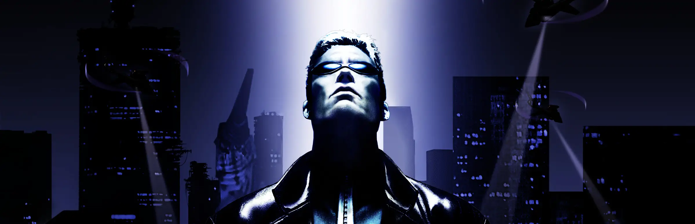 Deus Ex GOTY server hosting: JC Denton in sunglasses and a long coat looks up in a searchlight beam against a night city skyline