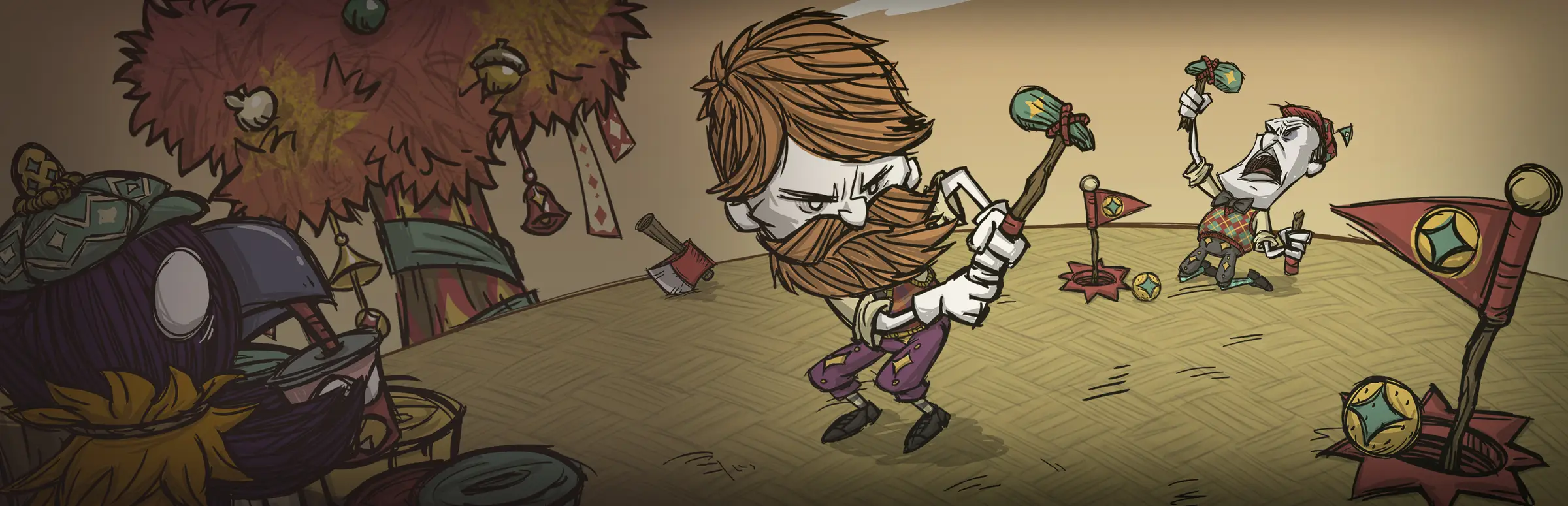 Don't Starve Together server hosting: a bearded survivor swings a club on a carnival mini-golf green as a screaming friend waves his own club beside a star-flagged hole