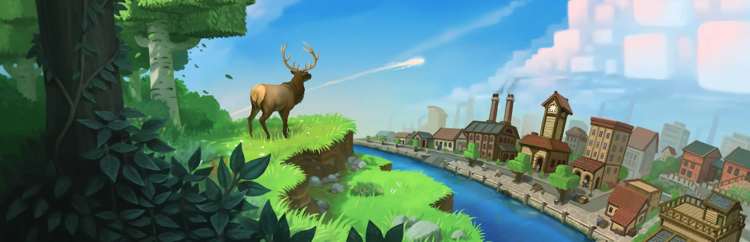 Eco Server mieten: ein Elch auf einer grasbewachsenen Klippe über einer Stadt am Fluss mit Fabriken und einem Meteor