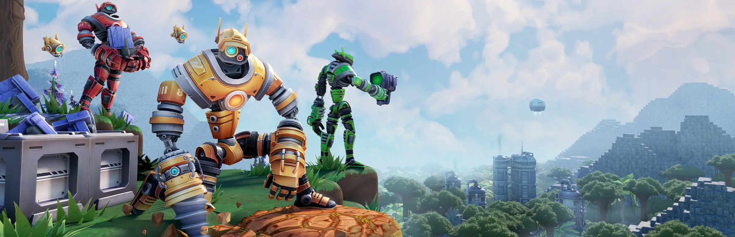 Foundry Server mieten: Arbeitsroboter stehen auf einer Klippe über einem Voxel-Tal, in der Ferne eine Fabrikstadt