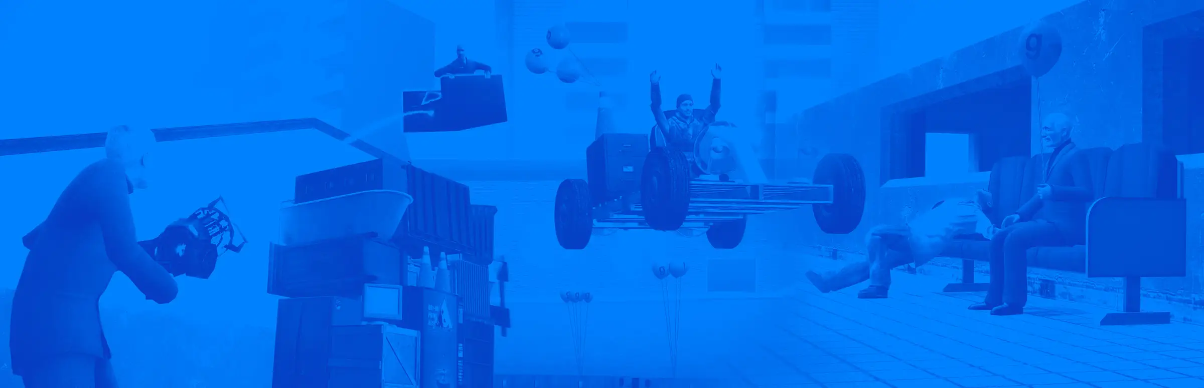 Hosting server GMod: un giocatore con la physics gun lancia in aria un buggy e vari prop in una città sandbox dai toni blu