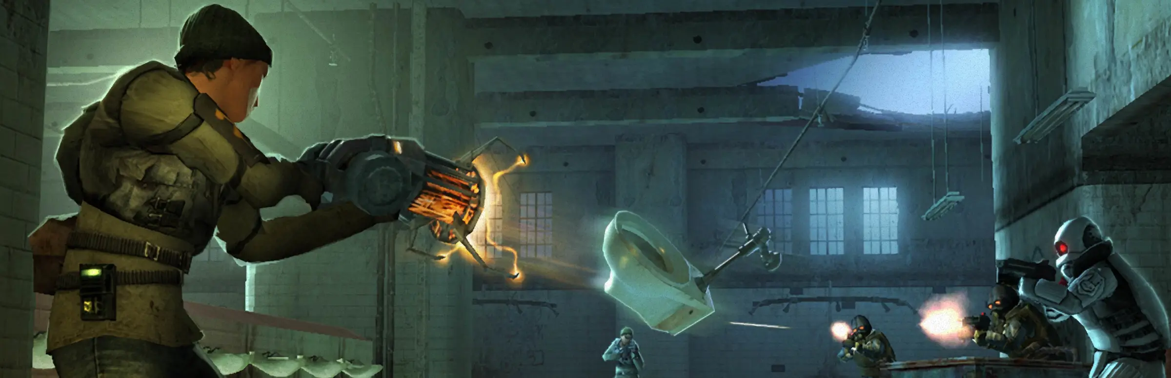 Half-Life 2: Deathmatch server hosting: a rebel fires the gravity gun, flinging a radiator and debris at Combine soldiers shooting back across a teal warehouse