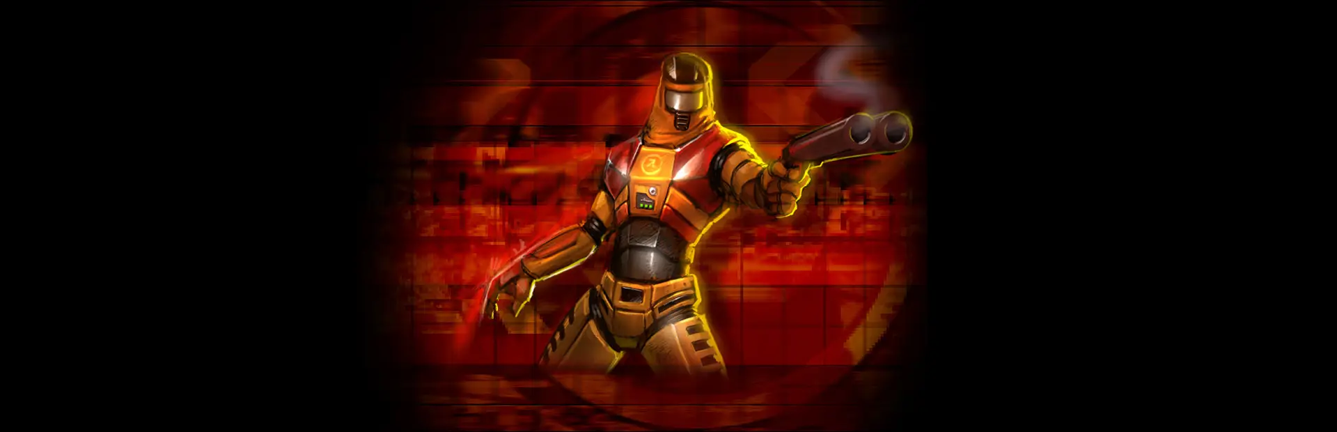 Half-Life Deathmatch server hosting: an armoured red and yellow marine aims a double-barrelled shotgun in front of a glowing red ring on a black background