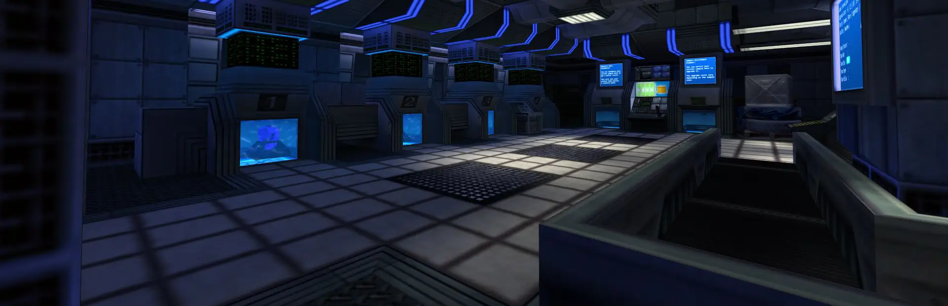 Hosting server Sven Co-op: un laboratorio di ricerca in stile Black Mesa illuminato di blu, con file di terminali lungo le pareti