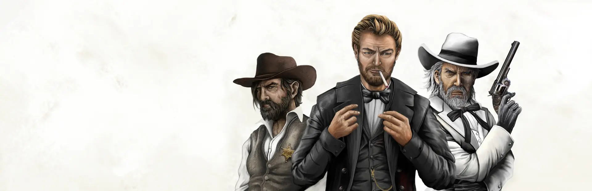 Heat server hosting: a sheriff, a smoking gentleman in a black suit and a white-bearded gunslinger with a revolver pose against plain parchment
