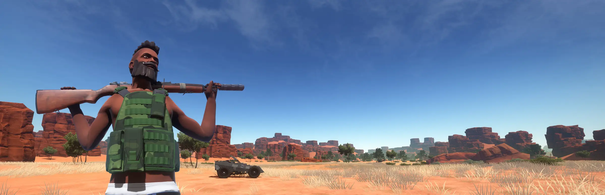 Hosting server Hurtworld: un sopravvissuto barbuto con un giubbotto antiproiettile tiene un fucile sulle spalle in un deserto di rocce rosse, con un buggy alle spalle