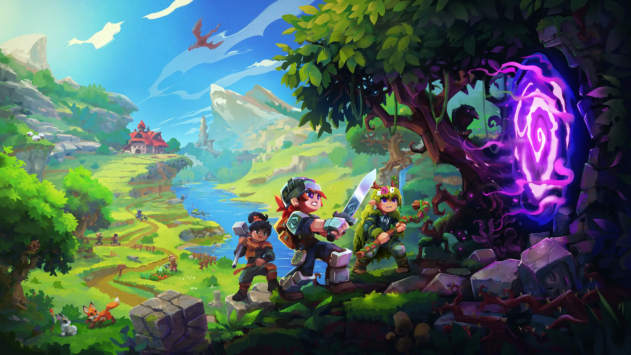 Hosting server Hytale: tre avventurieri con spade e arco accanto a un portale viola luminoso sopra una valle verde