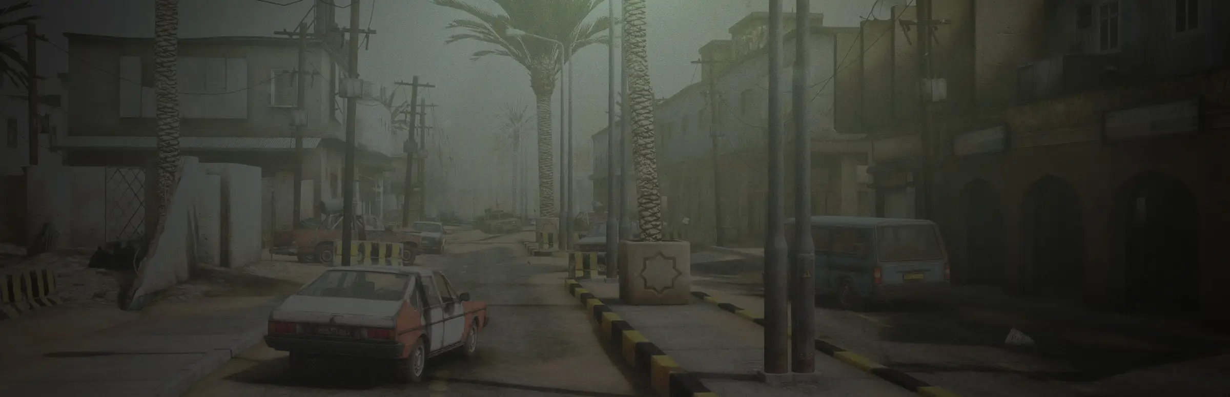 Insurgency Classic server hosting: a hazy, dust-filled Middle Eastern street lined with palm trees, power lines and a wrecked white car