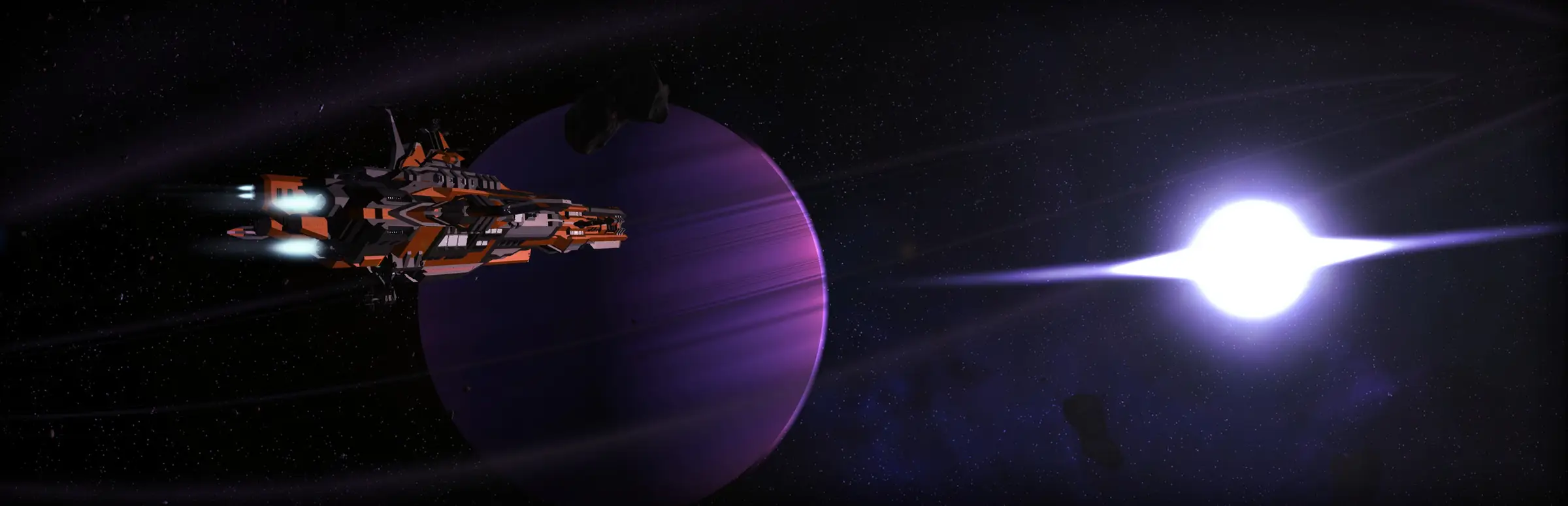 Interstellar Rift server hosting: an orange spaceship flies past a huge purple planet in deep space